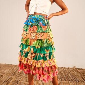 FARM Rio Tropical Mixed Prints Multi-Layered Midi Skirt